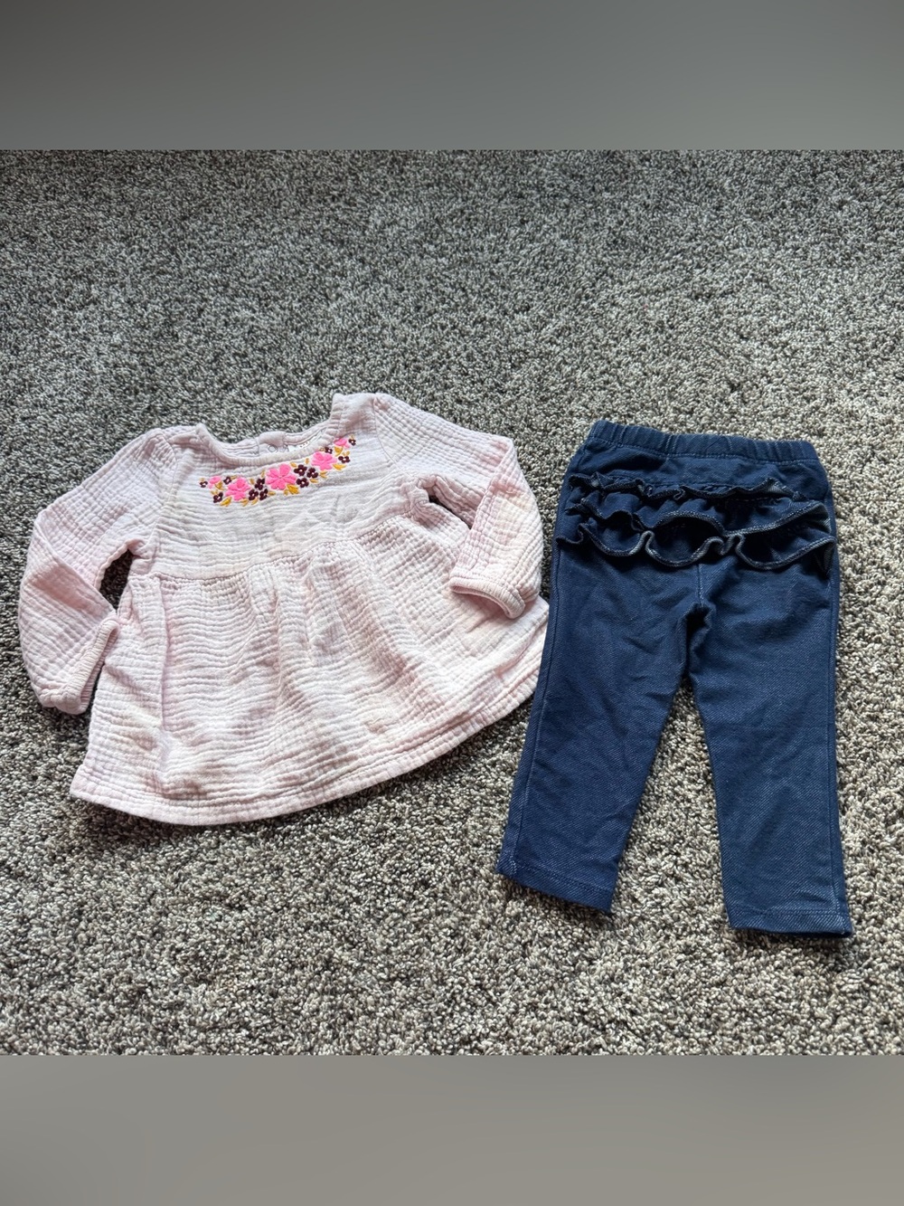 Girls Pink Embroidered Top with Navy Ruffle Leggings